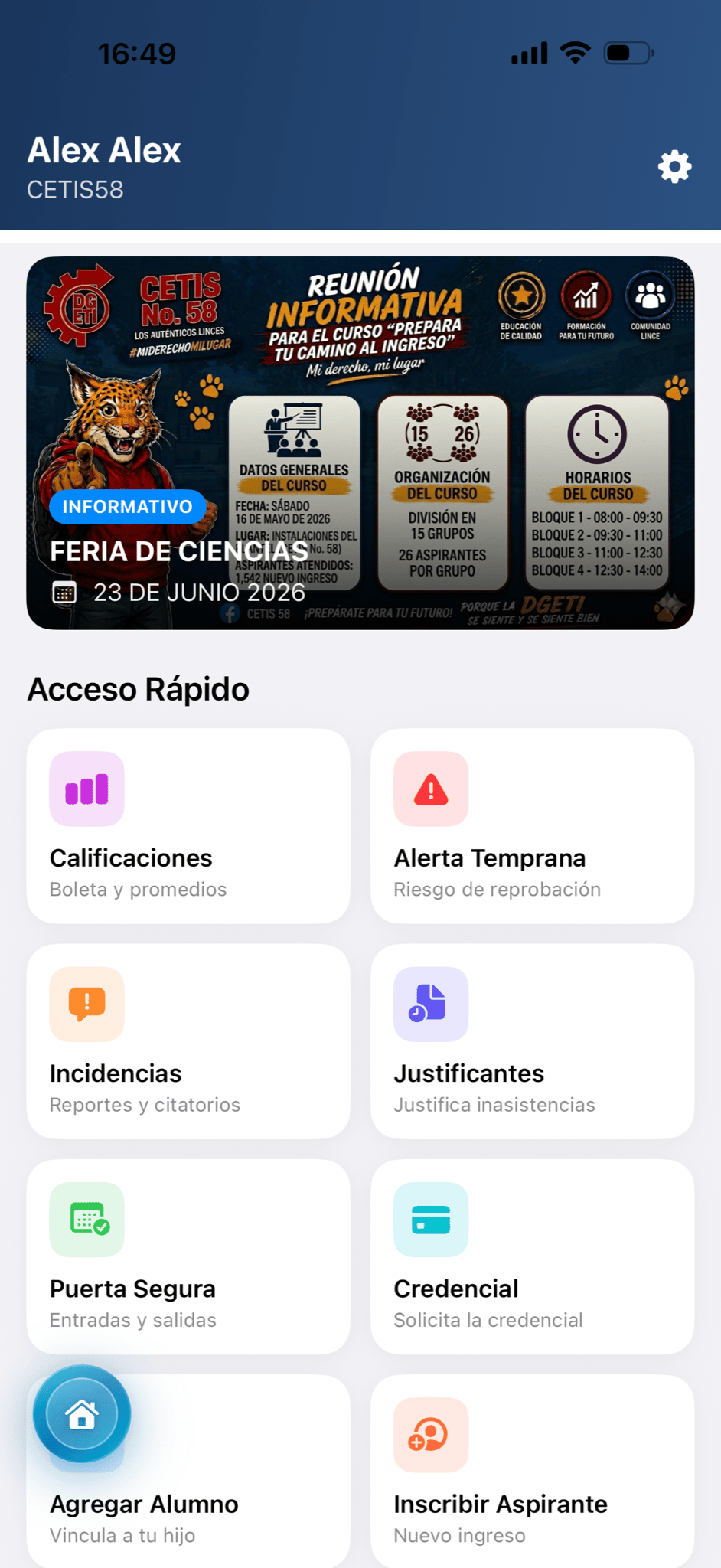 Inicio de SIIES Padres con accesos a calificaciones, alertas, incidencias, justificantes y credencial
